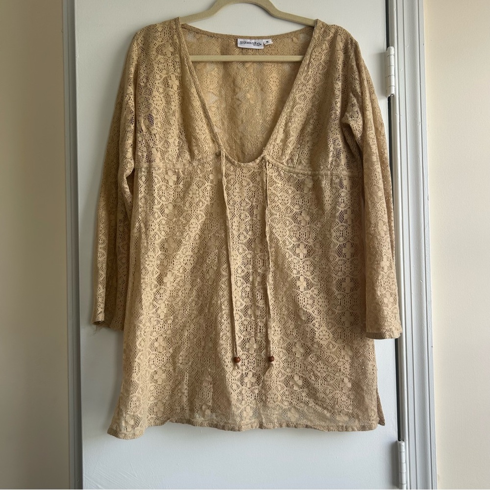 St. John’s Bay Tan Boho Lace Top Size M Long Sleeve Beige Beachwear